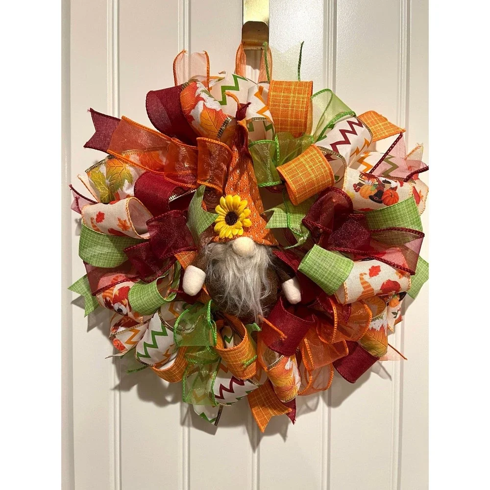13 inch Ribbon Wreath Fall Autumn Thanksgiving Gnome MW6